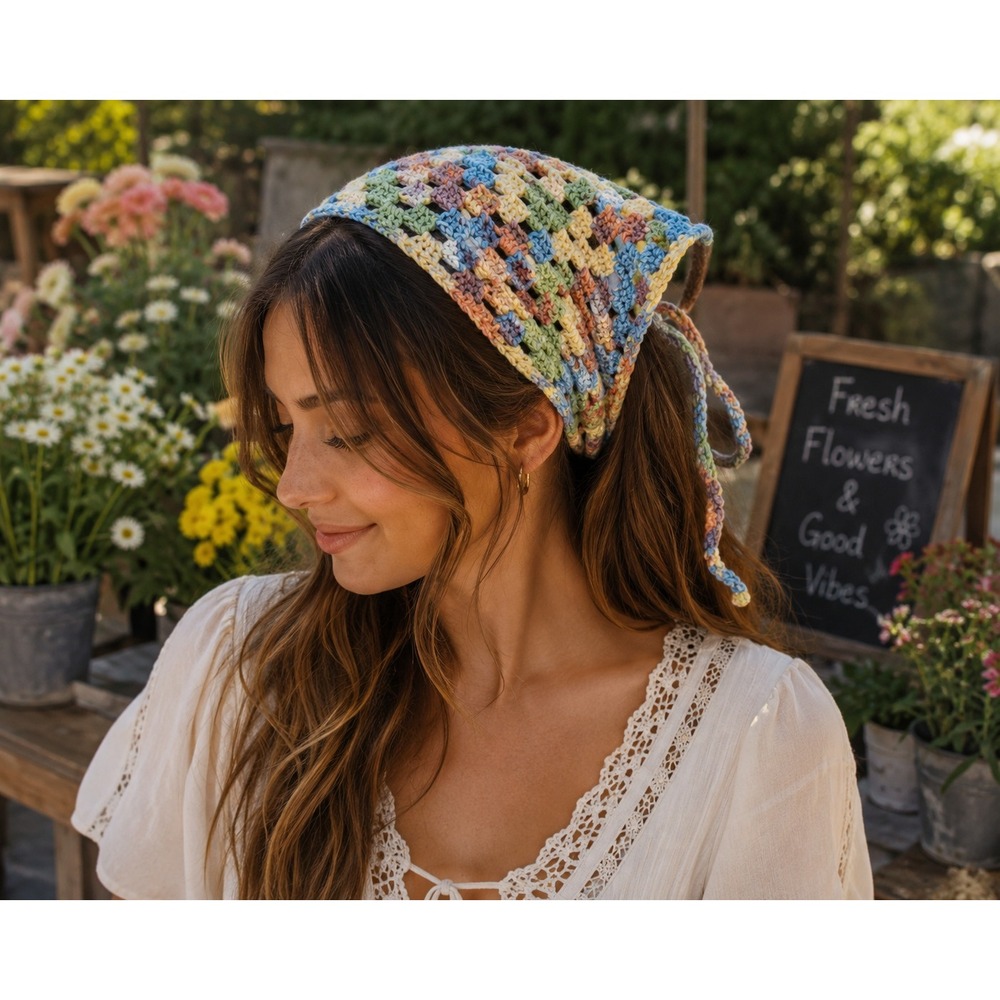 Handmade Multicolor Crochet Bandana Head Scarf Boho Cottagecore Hair Accessory